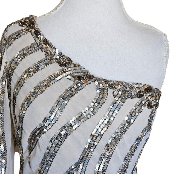 Alberto Makali Size 12 Cream One Shoulder Cocktail Dress Sequins Metallic NWT - Picture 2 of 15